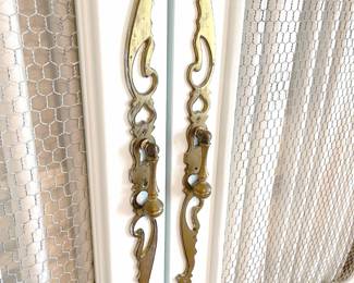 The outer doors have a very pale blue paint finish in the Shabby Chic style, with fine metal grill inset with gathered curtain on rod interior. Total measurement is 83”W x 21”D x 84”H.