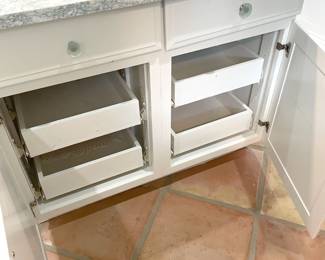 $600 OBO Kitchen island, 63”W x 45.5”D x 36”H including marble top – white with blue vein & “diamond” accent. Island box features six drawers and (1) double cabinet with roll out drawers.