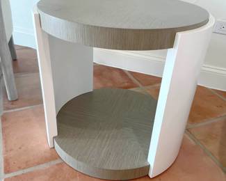 $75 Stylish, modern, round side table, white and wood tones, 24”W x 23”H