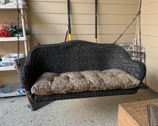 Outdoor swing of outdoor resin wicker includes padded seat cushion made for it….Purchased from GOODWOOD HARDWARE!