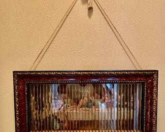 A vintage “Last Supper” tricenium, framed….. looking straight on you see the Last Supper, but looking from the left or right you have other scenes