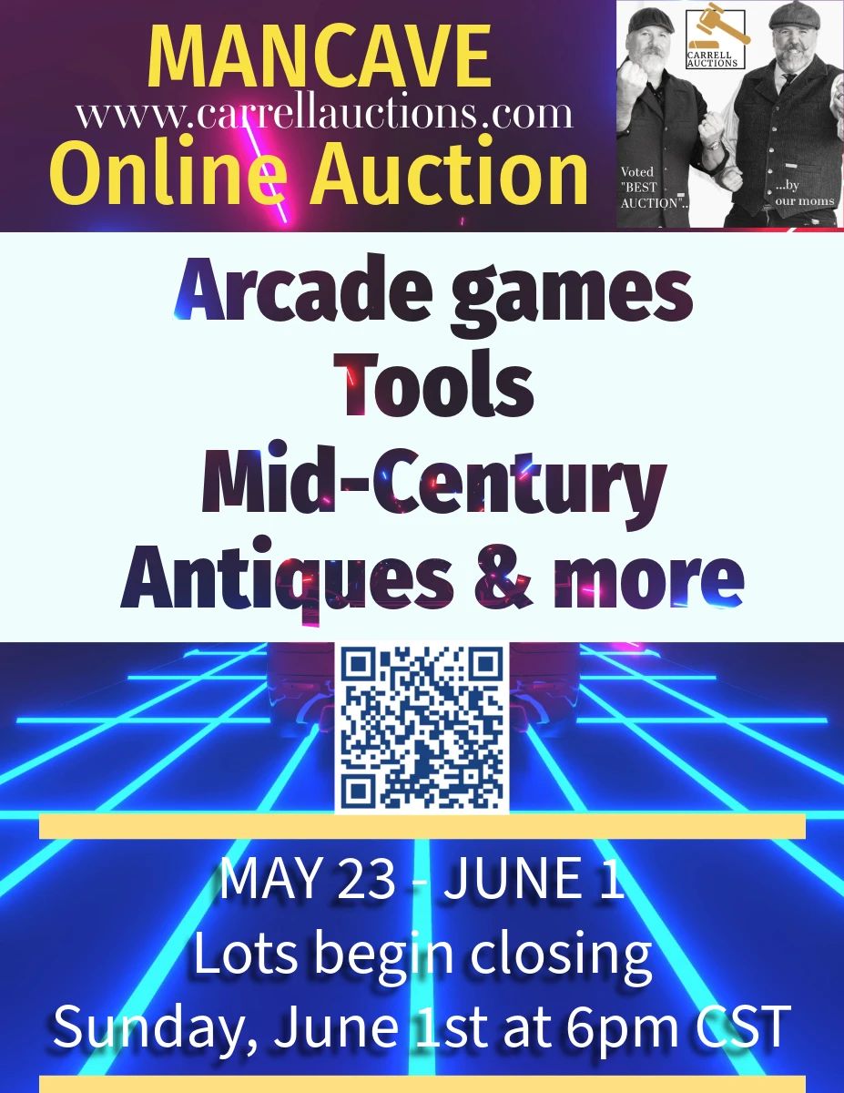 A flyer for Online Auction Guitars, Pinball, Tools, Minibikes