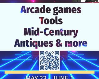 A flyer for Online Auction Guitars, Pinball, Tools, Minibikes