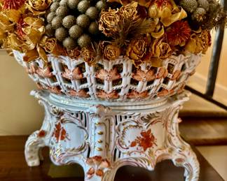 Large old HEREND Chinese Bouquet rust reticulated planter in two parts