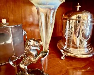 19th C lion and shield silver vases with original Steuben florets