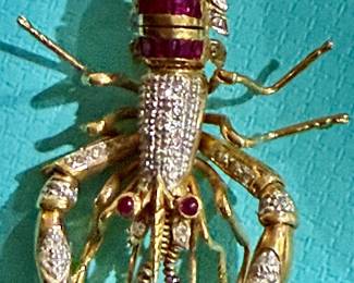 Gold rubies and diamonds lobster brooch