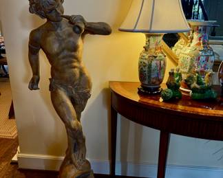 Carved French Italian Cherub,Pan Standing on A Sea Shell & Playing A Horn Flute
