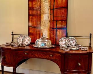 Antique flame mahogany Georgian sideboard with bronze back rail