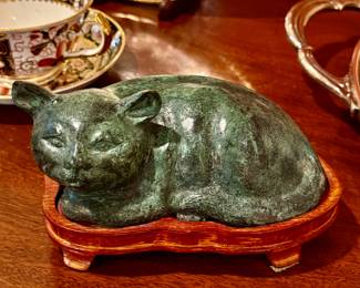 Bronze Cat Statue - Chinese Bronze Cat on Original fitted wooden base circa 1900