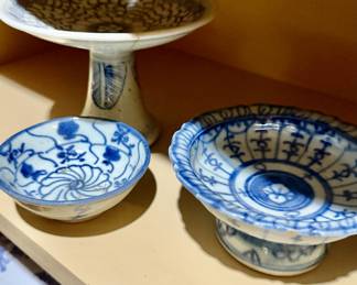 Antique blue and white small Asian tazza dishes 19th C