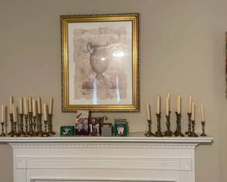 Brass Candlesticks and Framed Artwork