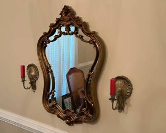 Elegant Gold Framed Mirror and Brass Wall Mounted Candlesticks
