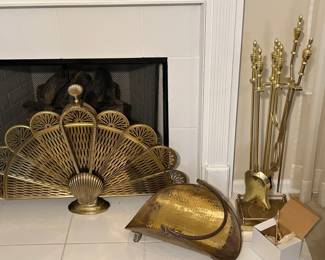 Peacock Brass Fireplace Screen, Brass Fireplace Tools and Brass Log Holder