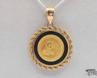 1224 Gold and Black Onyx Panda Coin with 14k Bezel Pendant, 4.6g