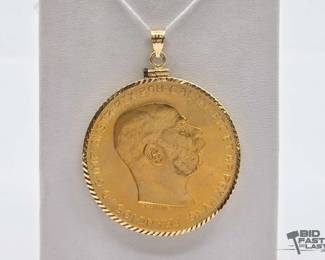 1216 1915 Australian 100 Corona Gold Coin with 14k Gold Bezel Pendant, 36.5g