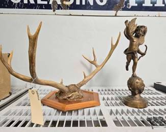 2314 Deer Antler Mount and Brass Statue