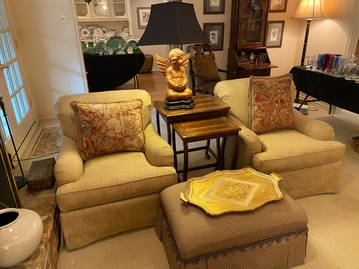 Beige Covins custom upholstered pair of chairs , nesting tables, carved wood cherub lamp, Florentine tray , tapestry pillows