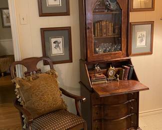 Antique burled wood secretary, set of 4 Harrison Fisher prints from “ Half a Rogue” purchased at Rutherfords.