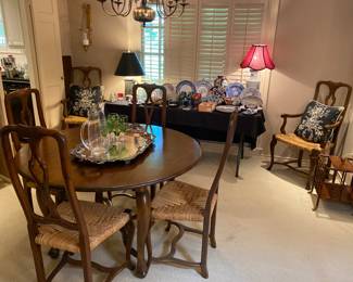 Dining table with 2 leaves, rattan chairs - set of 6, silver serving tray, serving pieces