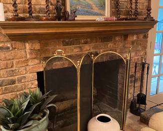 Barley, twist, candlesticks, brass & metal fireplace screen , and fireplace tool set, stool, pottery barn vase, crackled foot bath
