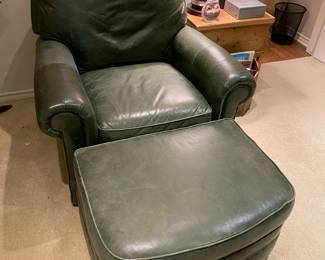 Gorgeous green leather chair & ottoman. Perfect for your library.