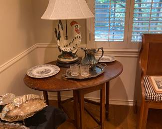 Antique gateleg table, handpainted rooster lamp, Serving pitchers & platters