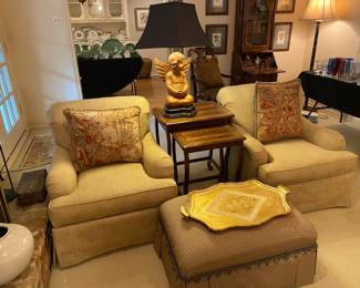 Beige Covins custom upholstered pair of chairs , nesting tables, carved wood cherub lamp, Florentine tray , tapestry pillows
