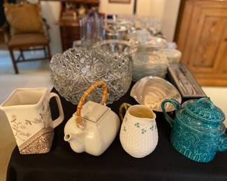 Serving pieces - pitchers, tea pots, LE Smith, Daisy and button punch bowl and cups (cups, not pictured)