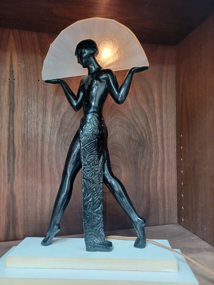 Original Art Deco Max Le Verrier Glass Espana Fan Dancer Sculpture Lamp