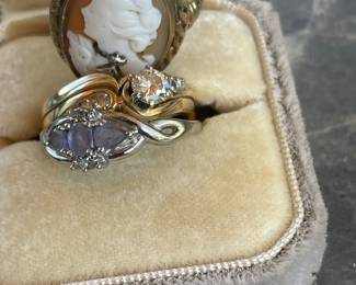Gold diamond and cameo rings