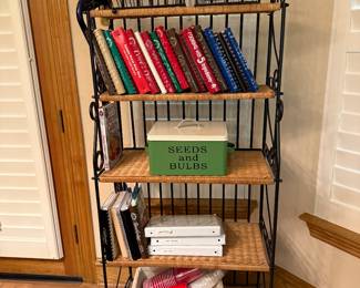 Wicker and metal bakers rack, cookbooks