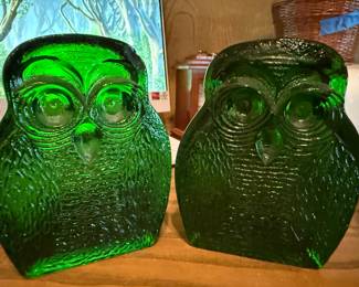 Blenko glass green owl bookends