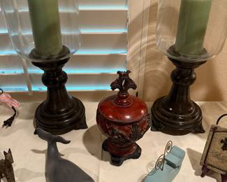 Whale figures, candle sticks with candles