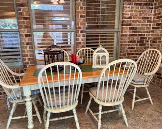 White butcher block table with 6 chairs