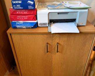 Plywood shelf with doors, printer