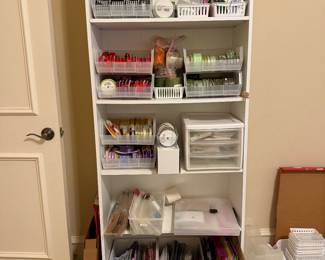 White shelving unit, misc crafting supplies