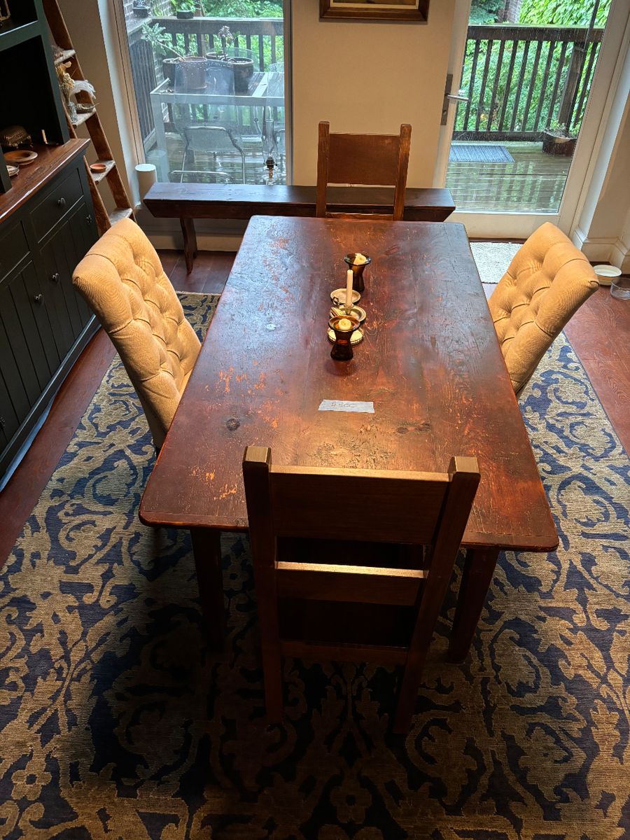 Beautiful Farm Table With Six Chairs and a bench.
4 Restoration Hardware Cloth Chairs
Two Wooden Chairs
$300
One Long Wooden Bench