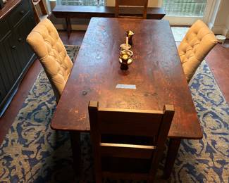 Beautiful Farm Table With Six Chairs and a bench.
4 Restoration Hardware Cloth Chairs
Two Wooden Chairs
$300
One Long Wooden Bench