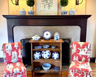 ($80; framed fern print with water damage that gives it a good patina)(SOLD; French country custom-upholstered slip covered chair; 19x21x36) (SOLD; vintage rattan display shelf: 35x13x48) Shop this beautiful collection of vintage and antique blue and white china in person. (SOLD; decorative blue and white ginger jars) (SOLD; boxwood topiary with ceramic blue and white pot; 21"h)