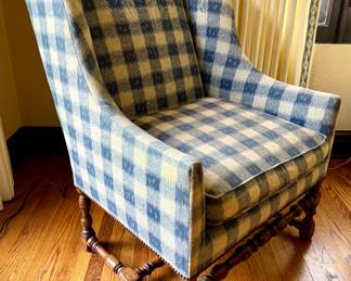 SOLD; custom upholstered blue, ivory and wheat plaid wing back chair with carved legs; 33x32x45