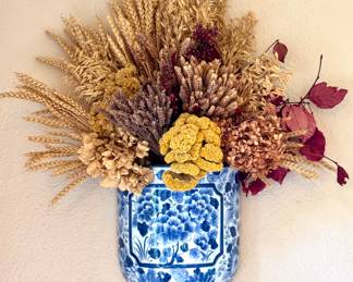 SOLD; dried floral arrangement in blue and white ceramic wall sconce; 26"h