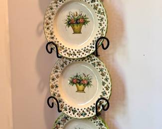 (SOLD; set of 4 floral basket plates with lattice rim detail) (SOLD; metal wall plate rack)
