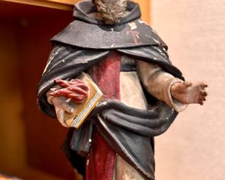 $200; vintage carved, painted saint with patina (as is--right foot broken); 18"h