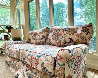 $1000; Lee Industries custom upholstered, designer, slip-covered, down-filled sofa with loose back pillows and skirt; 72x40x32