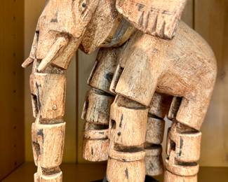$60; vintage, jointed, articulating, wooden elephant model; 11"h