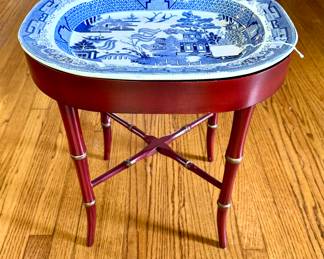 SOLD; antique Blue Willow ceramic platter, made into a tray table in a burnt red and gold gilded accent table; 18x14x21