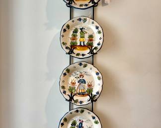 (SOLD; set of 4 vintage, hand-painted Jay Wilford plates) (SOLD; metal wall plate rack)