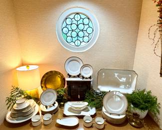 ($400; set of H.C. Hahn white and gold Berlin china with amazing service pieces in unique shapes) ($120; Crate & Barrel glazed pottery table lamp; 10"dx19"h) ($250; antique apprentice piece--model of custom dresser to be made; 13"wx13"h)