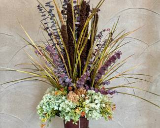 SOLD; custom hydrangea floral arrangement in urn; 32"h