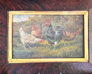 SOLD; framed original oil on board of blue rooster; 16x12